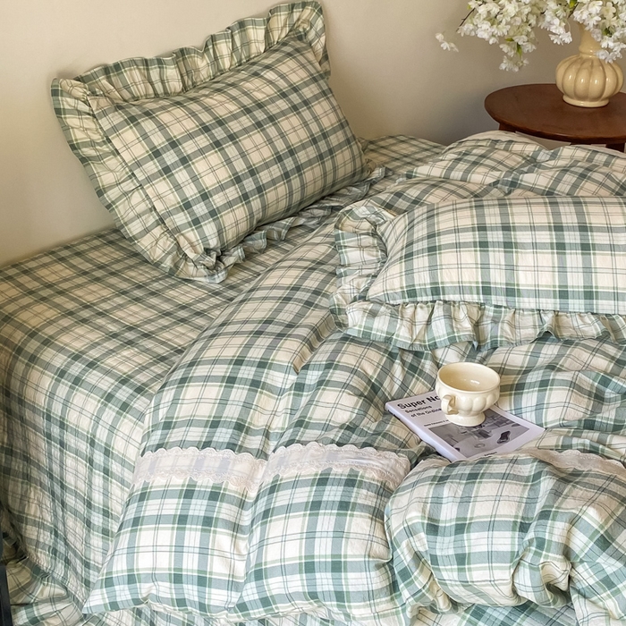 91家纺网 家纺一手货源 找家纺 欧尚 2025新款皱皱纱床盖四件套 绿色格子