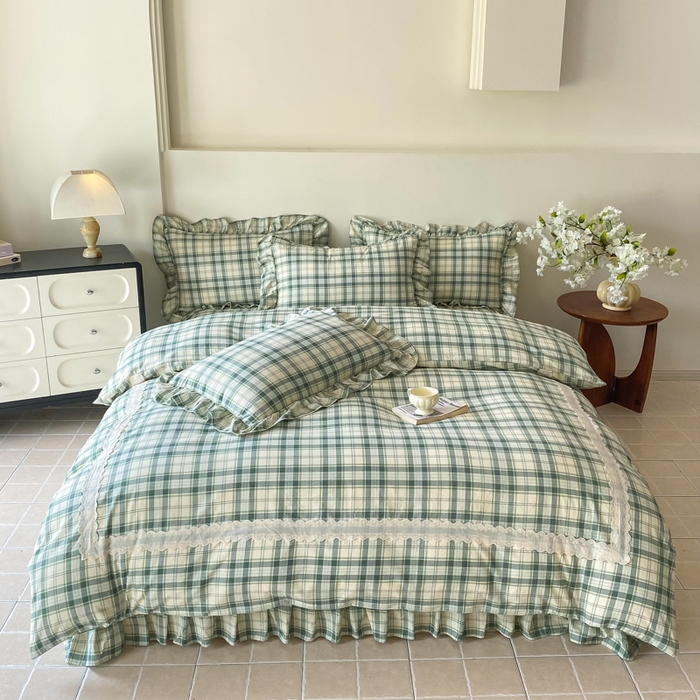 91家纺网 家纺一手货源 找家纺 欧尚 2025新款皱皱纱床盖四件套 绿色格子