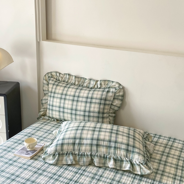 91家纺网 家纺一手货源 找家纺 欧尚 2025新款皱皱纱床盖四件套 绿色格子