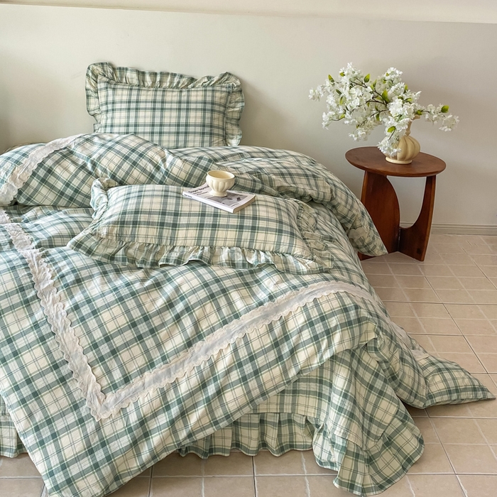 欧尚 2025新款皱皱纱床盖四件套 绿色格子