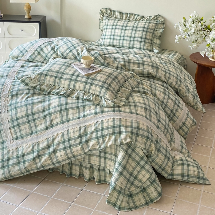 91家纺网 家纺一手货源 找家纺 欧尚 2025新款皱皱纱床盖四件套 绿色格子