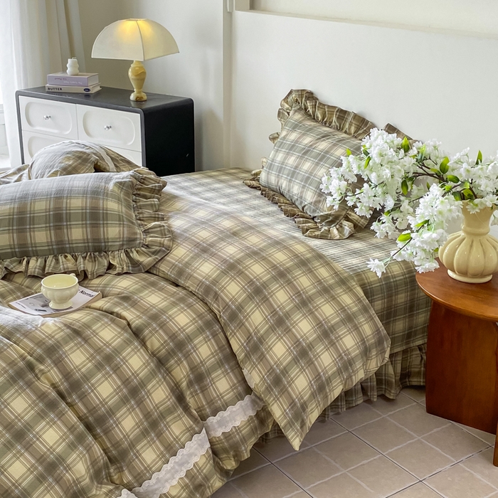 91家纺网 家纺一手货源 找家纺 欧尚 2025新款皱皱纱床盖四件套 墨绿格子