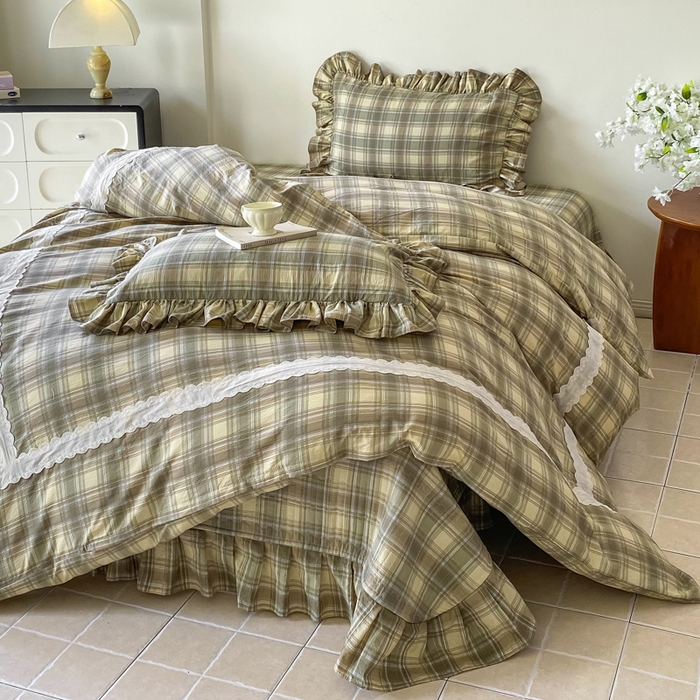 91家纺网 家纺一手货源 找家纺 欧尚 2025新款皱皱纱床盖四件套 墨绿格子