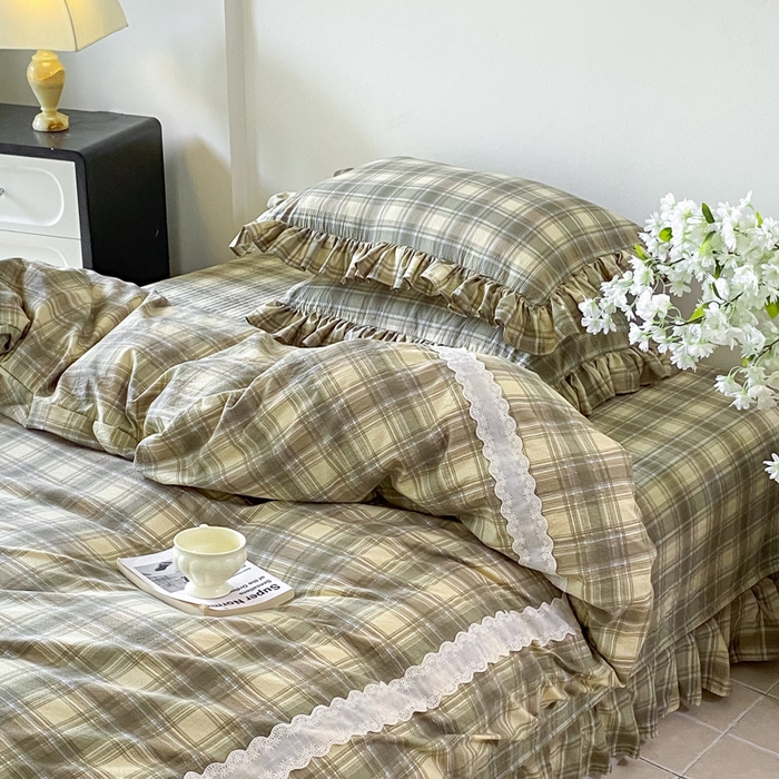 91家纺网 家纺一手货源 找家纺 欧尚 2025新款皱皱纱床盖四件套 墨绿格子