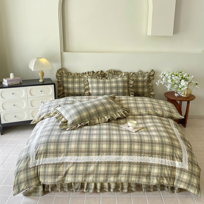 91家纺网 家纺一手货源 找家纺 欧尚 2025新款皱皱纱床盖四件套 墨绿格子