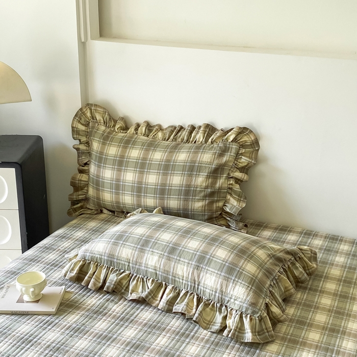 91家纺网 家纺一手货源 找家纺 欧尚 2025新款皱皱纱床盖四件套 墨绿格子