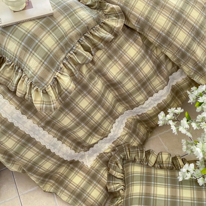 91家纺网 家纺一手货源 找家纺 欧尚 2025新款皱皱纱床盖四件套 墨绿格子