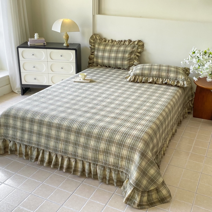 91家纺网 家纺一手货源 找家纺 欧尚 2025新款皱皱纱床盖四件套 墨绿格子