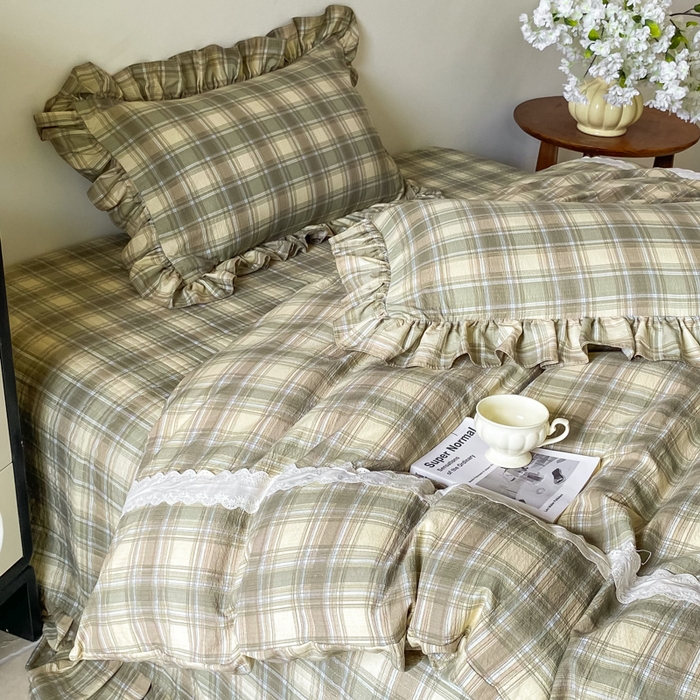 91家纺网 家纺一手货源 找家纺 欧尚 2025新款皱皱纱床盖四件套 墨绿格子