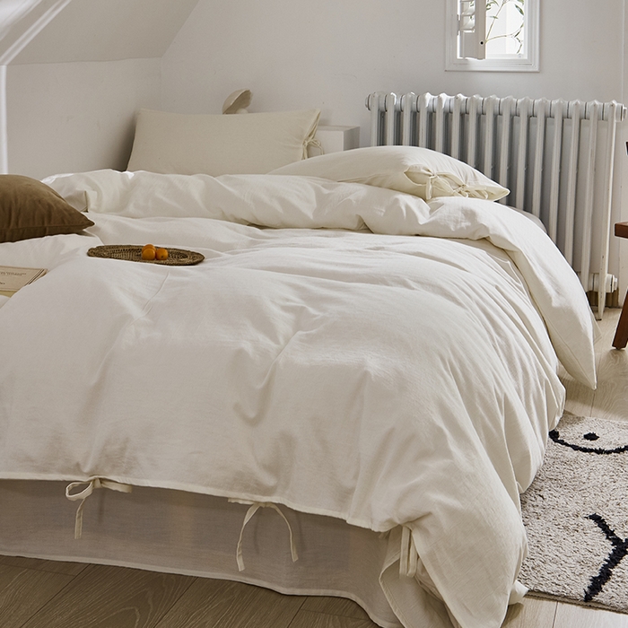 91家纺网 家纺一手货源 找家纺 贝尔 PELLHOME不染A类婴幼儿天然全棉提花大方格纯白素色日式绑带式四件套 可抖音代发 小雨点