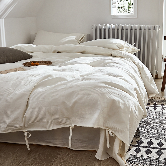 贝尔 PELLHOME不染A类婴幼儿天然全棉提花大方格纯白素色日式绑带式四件套 可抖音代发 大方格