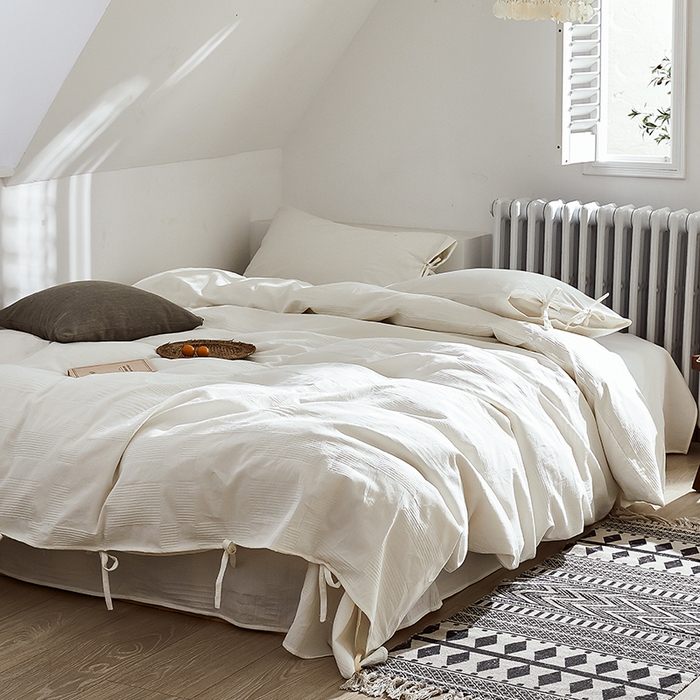 91家纺网 家纺一手货源 找家纺 贝尔 PELLHOME不染A类婴幼儿天然全棉提花大方格纯白素色日式绑带式四件套 可抖音代发 大方格