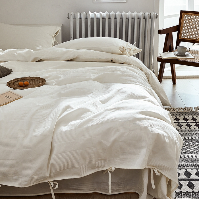 91家纺网 家纺一手货源 找家纺 贝尔 PELLHOME不染A类婴幼儿天然全棉提花大方格纯白素色日式绑带式四件套 可抖音代发 大方格