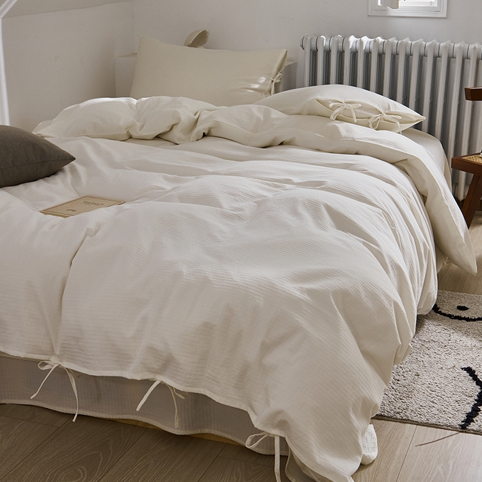 贝尔 PELLHOME不染A类婴幼儿天然全棉提花大方格纯白素色日式绑带式四件套 可抖音代发 小方格