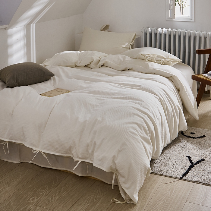 91家纺网 家纺一手货源 找家纺 贝尔 PELLHOME不染A类婴幼儿天然全棉提花大方格纯白素色日式绑带式四件套 可抖音代发 小方格