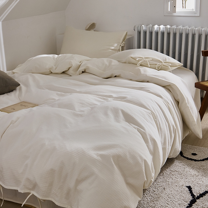 91家纺网 家纺一手货源 找家纺 贝尔 PELLHOME不染A类婴幼儿天然全棉提花大方格纯白素色日式绑带式四件套 可抖音代发 小方格