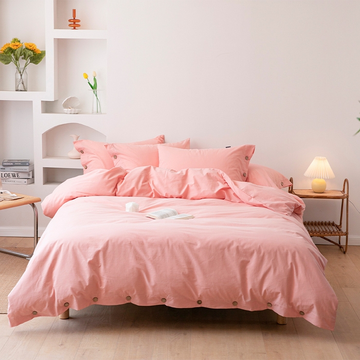 91家纺网 家纺一手货源 找家纺 贝尔 PELLHOME 全棉水洗棉纽扣款四件套（春节不打烊)（可抖音代发） 浅粉