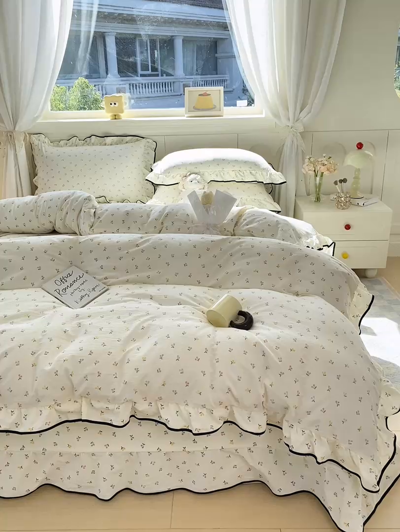 91家纺网 家纺一手货源 找家纺 欧尚 2025新款皱皱纱床盖四件套 彩樱桃