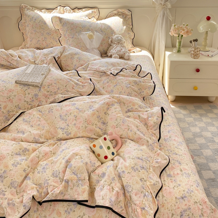 91家纺网 家纺一手货源 找家纺 欧尚 2025新款皱皱纱床盖四件套 繁花