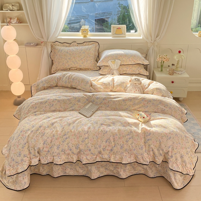 91家纺网 家纺一手货源 找家纺 欧尚 2025新款皱皱纱床盖四件套 繁花