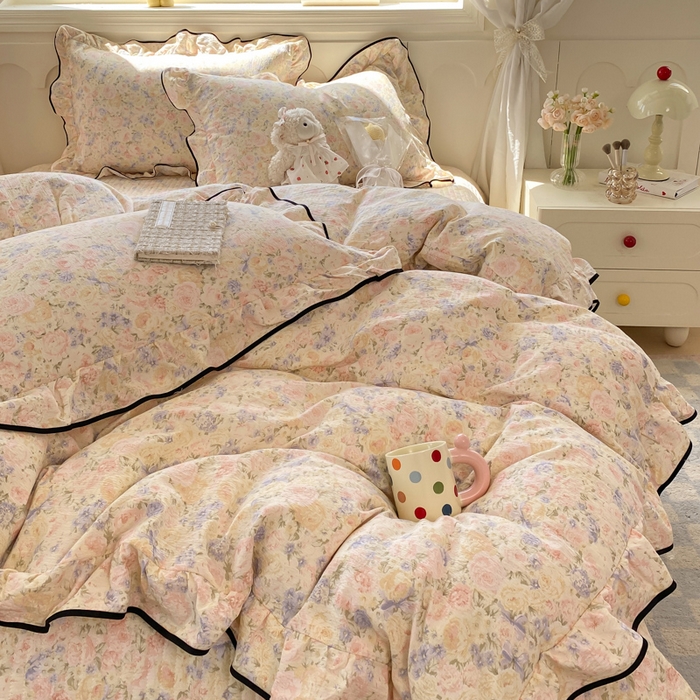 91家纺网 家纺一手货源 找家纺 欧尚 2025新款皱皱纱床盖四件套 繁花