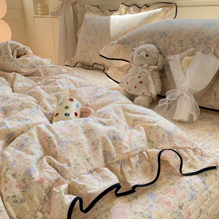 91家纺网 家纺一手货源 找家纺 欧尚 2025新款皱皱纱床盖四件套 繁花