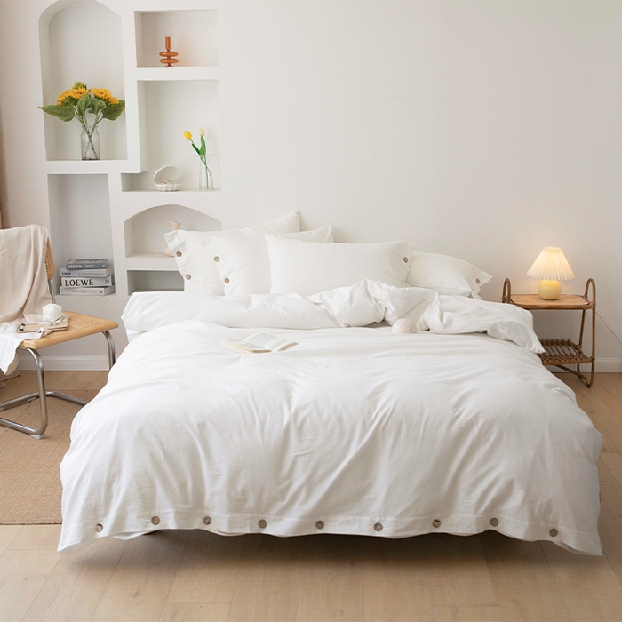 贝尔 PELLHOME 全棉水洗棉纽扣款四件套（春节不打烊)（可抖音代发） 纯白