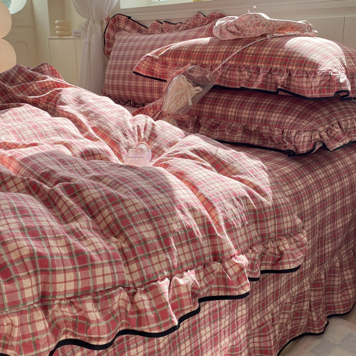 91家纺网 家纺一手货源 找家纺 欧尚 2025新款皱皱纱床盖四件套 红格子
