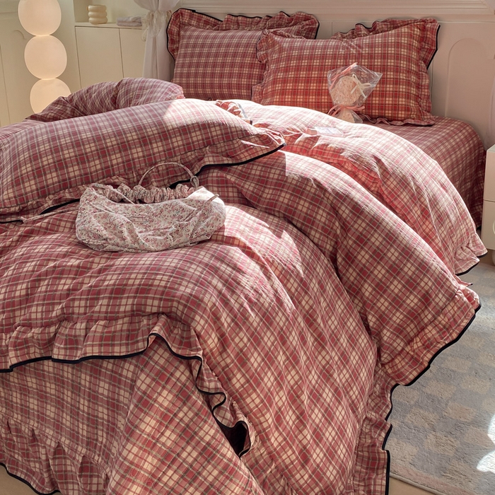 91家纺网 家纺一手货源 找家纺 欧尚 2025新款皱皱纱床盖四件套 红格子