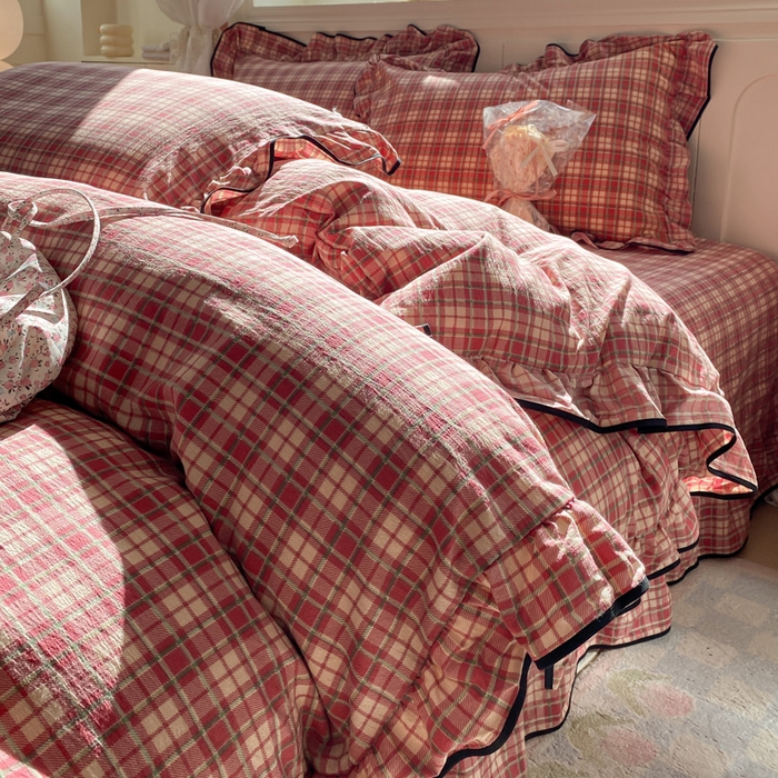 欧尚 2025新款皱皱纱床盖四件套 红格子