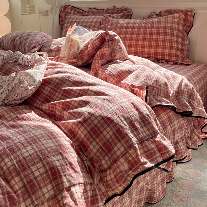 91家纺网 家纺一手货源 找家纺 欧尚 2025新款皱皱纱床盖四件套 红格子