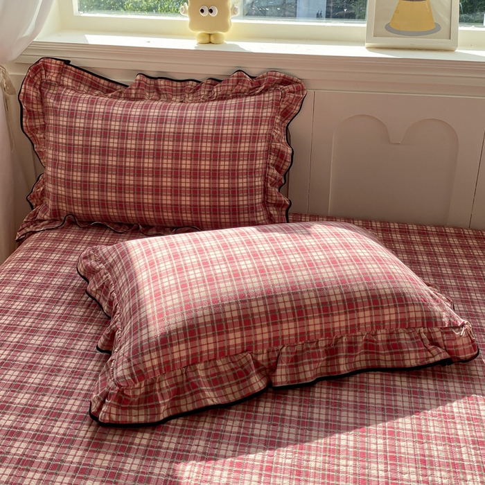 91家纺网 家纺一手货源 找家纺 欧尚 2025新款皱皱纱床盖四件套 红格子
