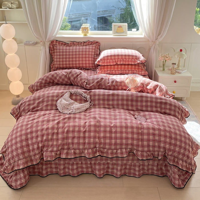 91家纺网 家纺一手货源 找家纺 欧尚 2025新款皱皱纱床盖四件套 红格子