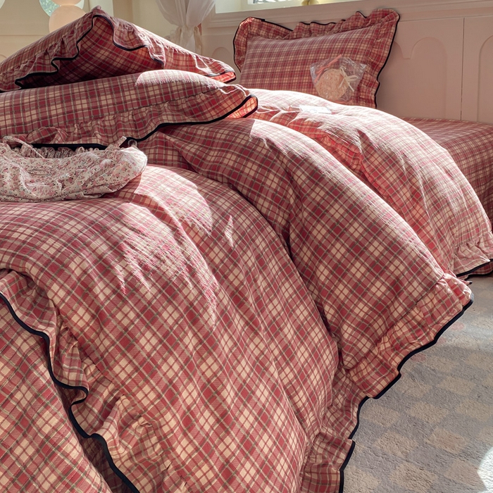 91家纺网 家纺一手货源 找家纺 欧尚 2025新款皱皱纱床盖四件套 红格子