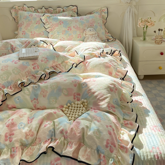 91家纺网 家纺一手货源 找家纺 欧尚 2025新款皱皱纱床盖四件套 花海