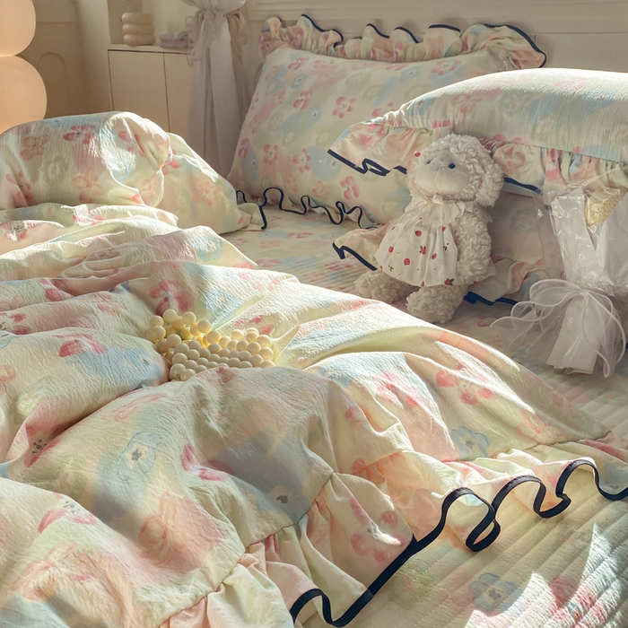 91家纺网 家纺一手货源 找家纺 欧尚 2025新款皱皱纱床盖四件套 花海