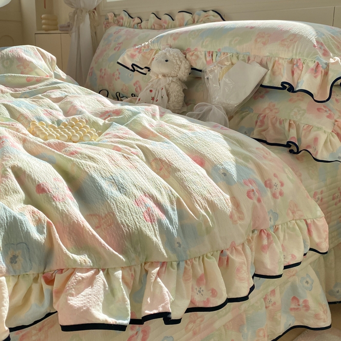 91家纺网 家纺一手货源 找家纺 欧尚 2025新款皱皱纱床盖四件套 花海