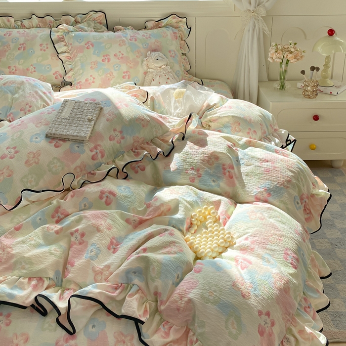 91家纺网 家纺一手货源 找家纺 欧尚 2025新款皱皱纱床盖四件套 花海