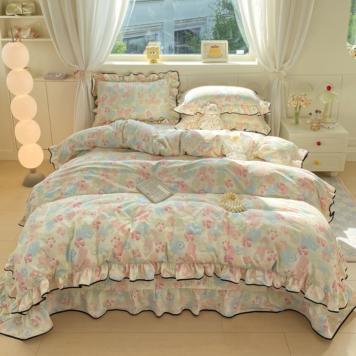 91家纺网 家纺一手货源 找家纺 欧尚 2025新款皱皱纱床盖四件套 花海