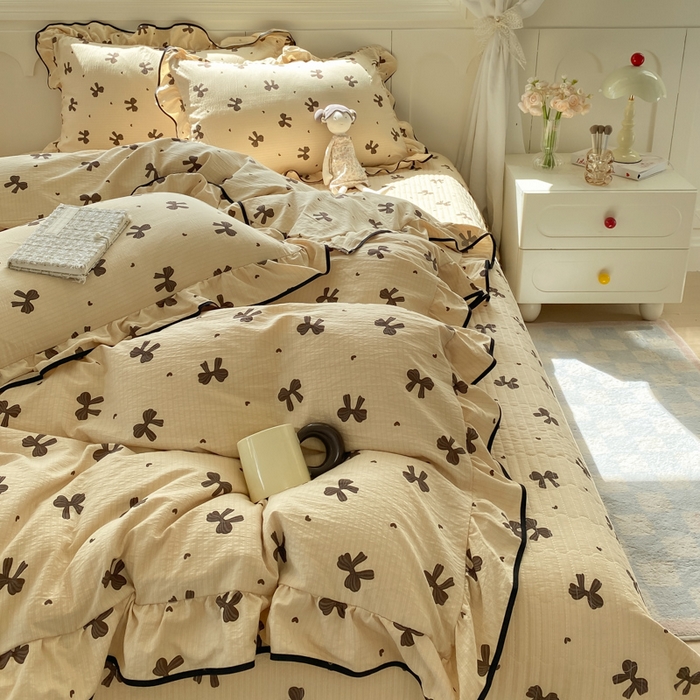 91家纺网 家纺一手货源 找家纺 欧尚 2025新款皱皱纱床盖四件套 咖色蝴蝶结