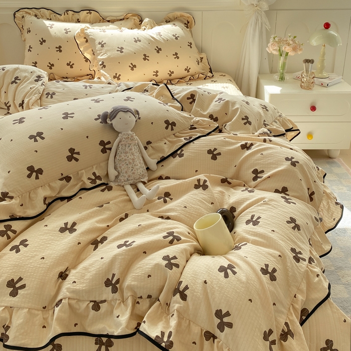 91家纺网 家纺一手货源 找家纺 欧尚 2025新款皱皱纱床盖四件套 咖色蝴蝶结