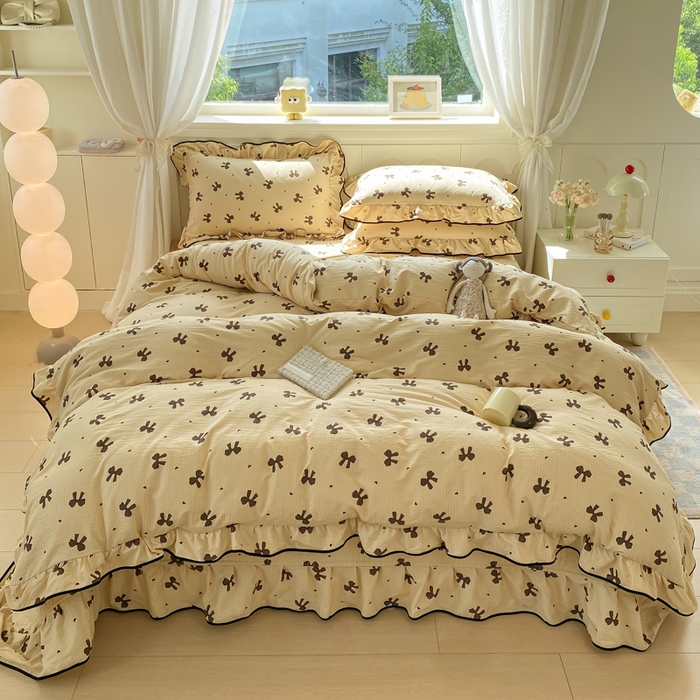 91家纺网 家纺一手货源 找家纺 欧尚 2025新款皱皱纱床盖四件套 咖色蝴蝶结