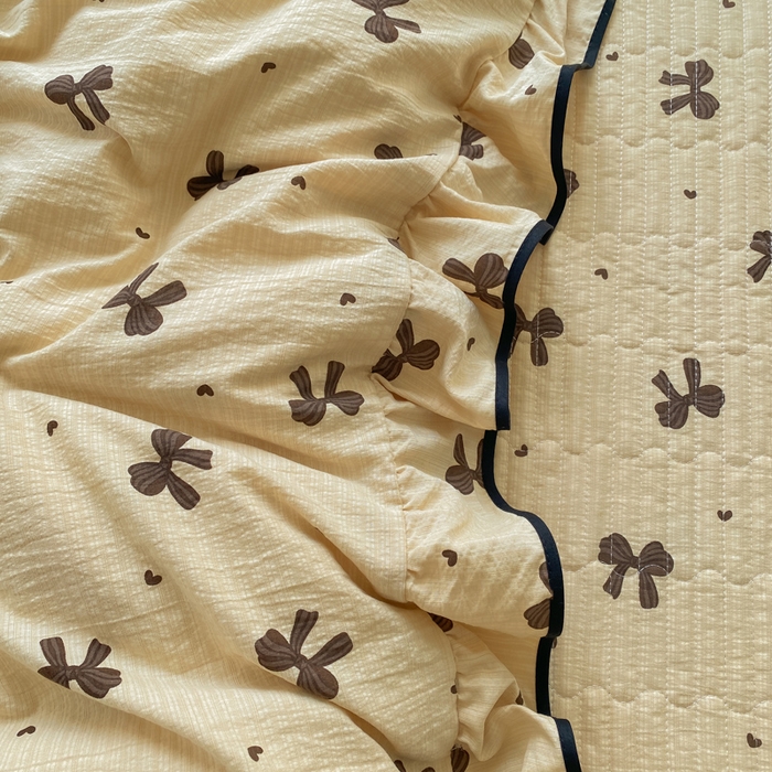 91家纺网 家纺一手货源 找家纺 欧尚 2025新款皱皱纱床盖四件套 咖色蝴蝶结