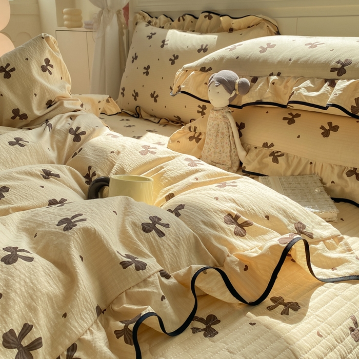 91家纺网 家纺一手货源 找家纺 欧尚 2025新款皱皱纱床盖四件套 咖色蝴蝶结