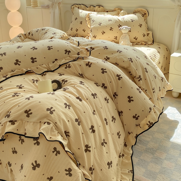 91家纺网 家纺一手货源 找家纺 欧尚 2025新款皱皱纱床盖四件套 咖色蝴蝶结