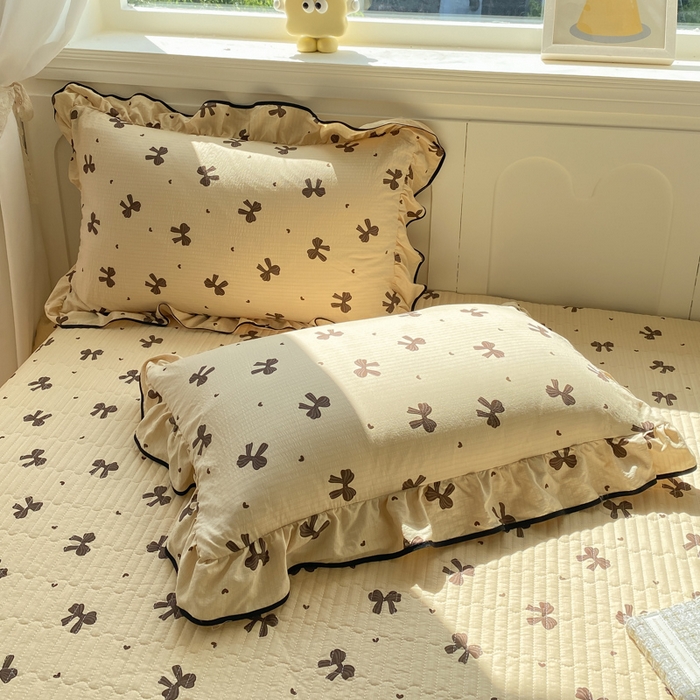 91家纺网 家纺一手货源 找家纺 欧尚 2025新款皱皱纱床盖四件套 咖色蝴蝶结