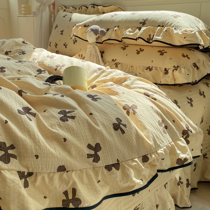 91家纺网 家纺一手货源 找家纺 欧尚 2025新款皱皱纱床盖四件套 咖色蝴蝶结