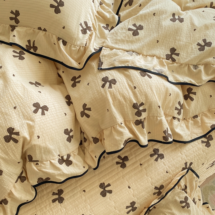 91家纺网 家纺一手货源 找家纺 欧尚 2025新款皱皱纱床盖四件套 咖色蝴蝶结