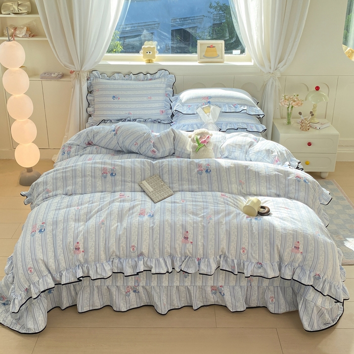 91家纺网 家纺一手货源 找家纺 欧尚 2025新款皱皱纱床盖四件套 蓝色小象