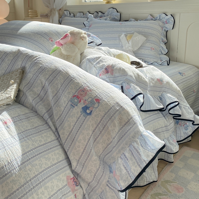 欧尚 2025新款皱皱纱床盖四件套 蓝色小象